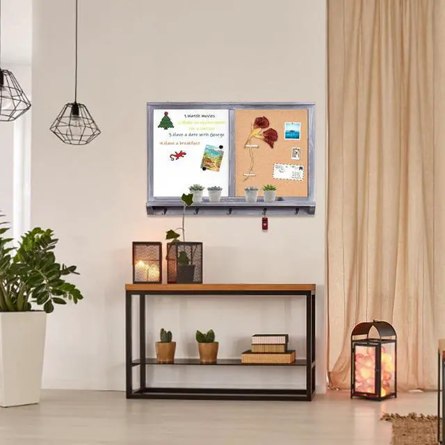 Alt view image 5 of 6 - Large Dry Erase Board & Cork Board Combo,35.4"×23.6",Vintage Gray | Whiteboard & Bulletin Board Combo,Solid Pine Wood Frame,Wall-Mounted Mail Sorter & Key Hooks,Writing,Notes,Pinning Photos