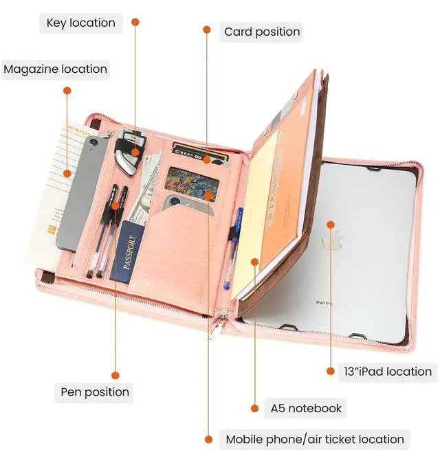 Alt view image 3 of 6 - Croc-Pattern Leather Portfolio for Women with Handle, 11-13 inch iPad Holder Padfolio, Aesthetic Office Professional Organizer, Zippered Resume Binder for Interviews & Graduation Gift, Pink