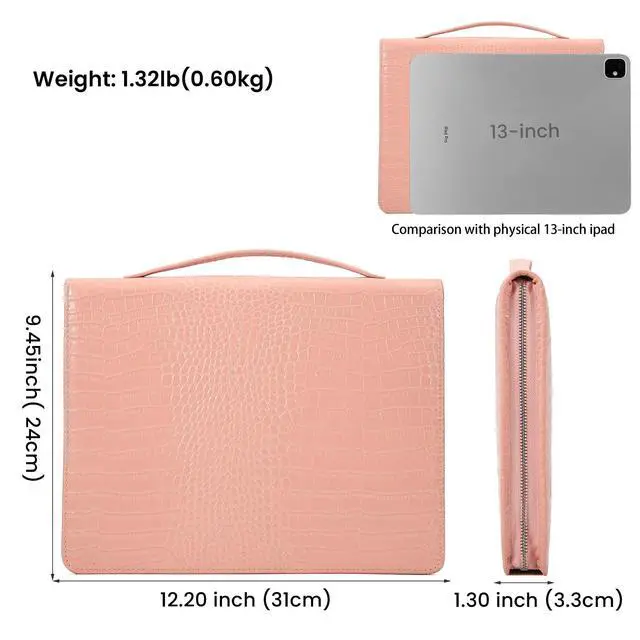 Alt view image 4 of 6 - Croc-Pattern Leather Portfolio for Women with Handle, 11-13 inch iPad Holder Padfolio, Aesthetic Office Professional Organizer, Zippered Resume Binder for Interviews & Graduation Gift, Pink