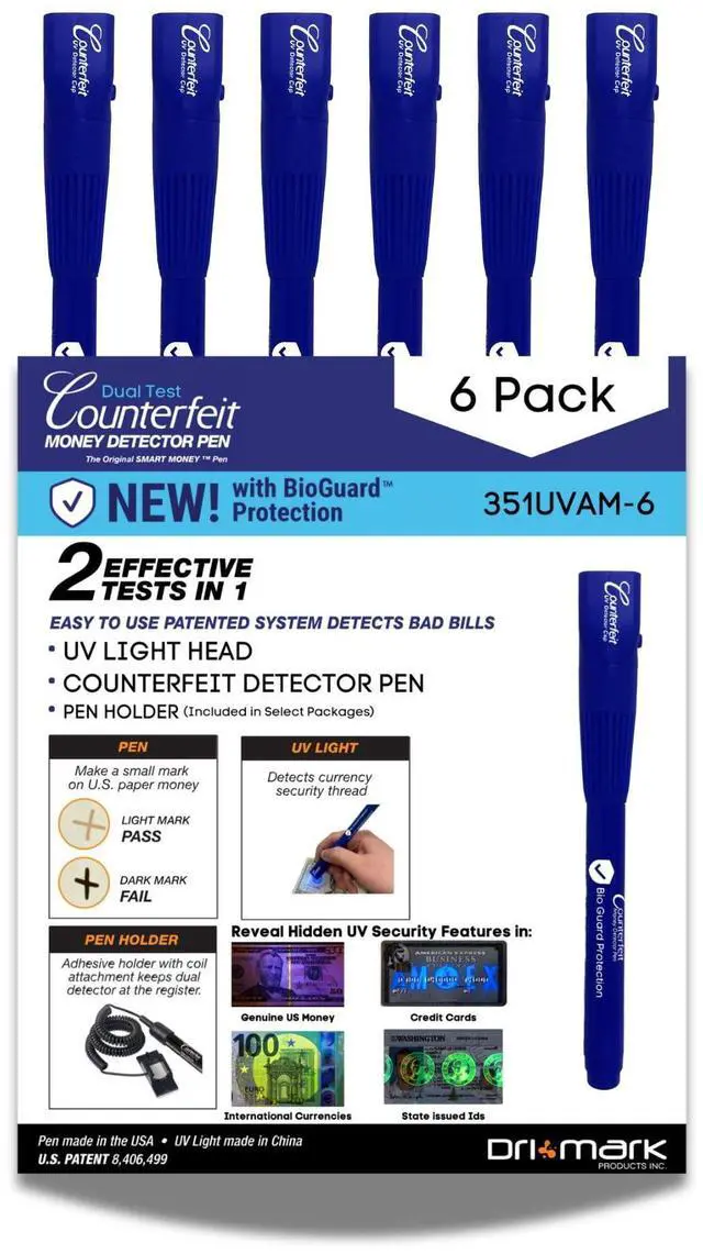 Main image of BioGuard Dual Test Counterfeit Money Detector Pen withUV Light Head (6 Pack Dual Test)