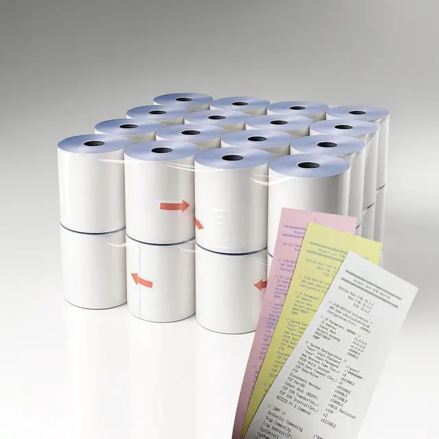 Main image of 3-Ply Carbonless 3" x 65' White/Canary/Pink Receipt Paper (32 Rolls) for Restaurants, Kitchen & POS Cash Registers | Compatible with Star Micronics SP700, SP2000, UP389, Omni 480, TMU 220