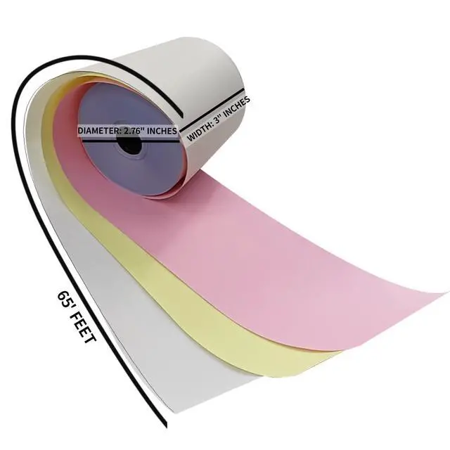 Alt view image 2 of 6 - 3-Ply Carbonless 3" x 65' White/Canary/Pink Receipt Paper (32 Rolls) for Restaurants, Kitchen & POS Cash Registers | Compatible with Star Micronics SP700, SP2000, UP389, Omni 480, TMU 220