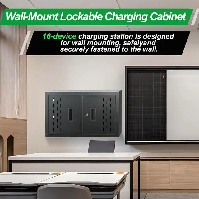 Alt view image 2 of 6 - 16-Device Charging Station, Black | Wall-Mount Charging Cabinet, For Laptops/Tablets/Chromebooks, Storage Carts, Classroom/Library/Office, Lockable
