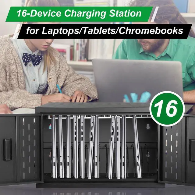 Alt view image 3 of 6 - 16-Device Charging Station, Black | Wall-Mount Charging Cabinet, For Laptops/Tablets/Chromebooks, Storage Carts, Classroom/Library/Office, Lockable