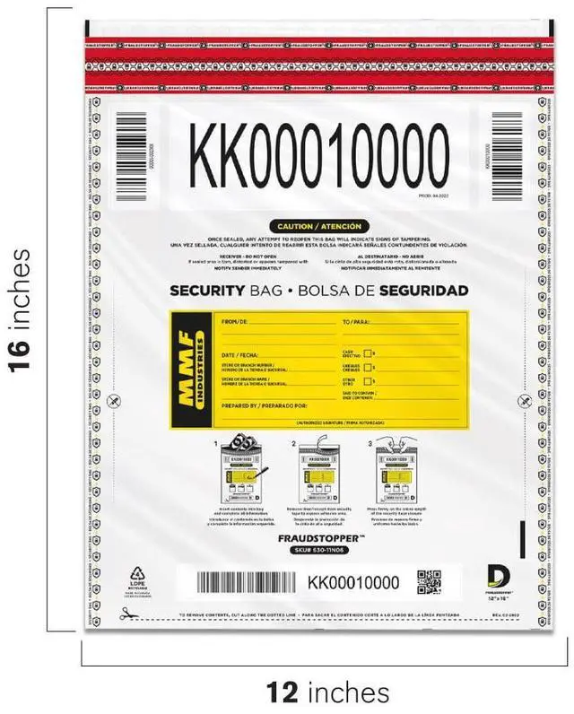Alt view image 5 of 6 - Cash Transmittal Bags | 12W x 16H | Pack of 100 | Unique Alphanumeric Numbering | Self-Sealing Adhesive | Four Tamper Indicators | Folded Bottom | Deposit Plastic Bags