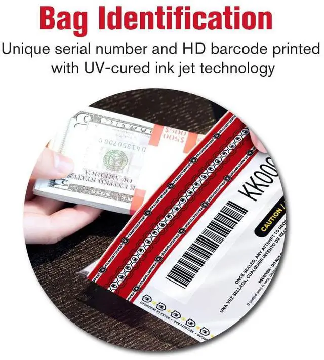 Alt view image 6 of 6 - Cash Transmittal Bags | 12W x 16H | Pack of 100 | Unique Alphanumeric Numbering | Self-Sealing Adhesive | Four Tamper Indicators | Folded Bottom | Deposit Plastic Bags