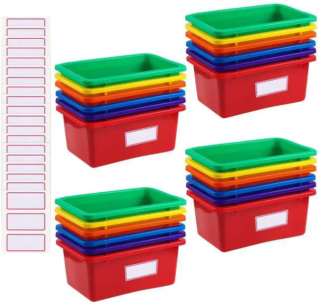 Main image of 24 Pack Book Bins for Classroom Plastic Cubby Storage Bins Colored Kids Toy Organizer Container with 120 Pcs Self Adhesive Label for Student Teacher Library School Office Home(Rainbow Color)