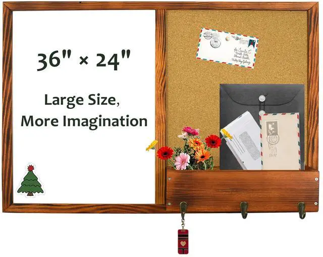 Main image of Large Dry Erase Board & Cork Board Combo,35.4"×23.6",Walnut Brown | Whiteboard & Bulletin Board Combo,Solid Pine Wood Frame,Wall-Mounted Mail Sorter & Key Hooks,Writing,Notes,Pinning Photos