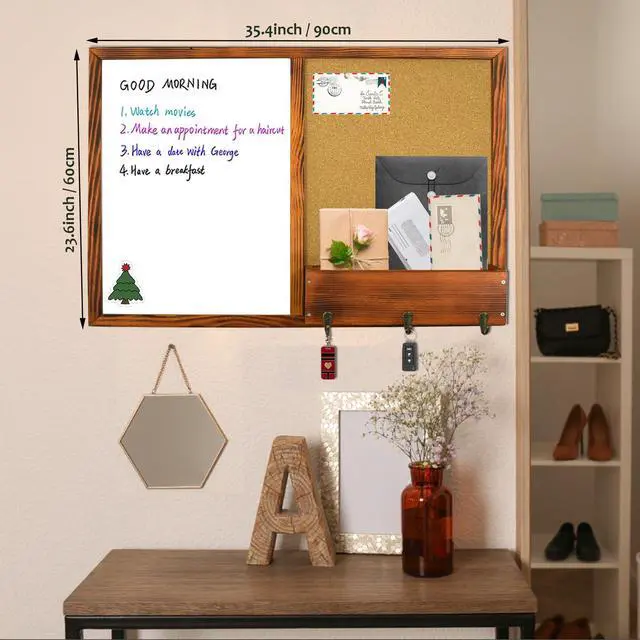 Alt view image 2 of 6 - Large Dry Erase Board & Cork Board Combo,35.4"×23.6",Walnut Brown | Whiteboard & Bulletin Board Combo,Solid Pine Wood Frame,Wall-Mounted Mail Sorter & Key Hooks,Writing,Notes,Pinning Photos