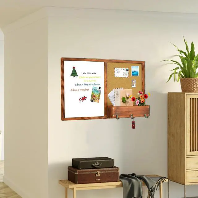 Alt view image 4 of 6 - Large Dry Erase Board & Cork Board Combo,35.4"×23.6",Walnut Brown | Whiteboard & Bulletin Board Combo,Solid Pine Wood Frame,Wall-Mounted Mail Sorter & Key Hooks,Writing,Notes,Pinning Photos