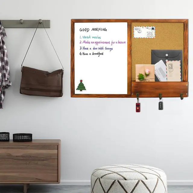 Alt view image 5 of 6 - Large Dry Erase Board & Cork Board Combo,35.4"×23.6",Walnut Brown | Whiteboard & Bulletin Board Combo,Solid Pine Wood Frame,Wall-Mounted Mail Sorter & Key Hooks,Writing,Notes,Pinning Photos