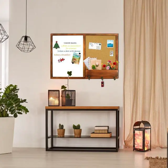Alt view image 6 of 6 - Large Dry Erase Board & Cork Board Combo,35.4"×23.6",Walnut Brown | Whiteboard & Bulletin Board Combo,Solid Pine Wood Frame,Wall-Mounted Mail Sorter & Key Hooks,Writing,Notes,Pinning Photos
