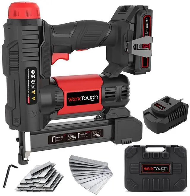 Main image of 20v Cordless Staple Gun Brad Nailer 2 in 1 Aluminum Metal magzine 1 Hour Fast Charger 2000mA Lithium Battery 2000pcs Free Staples(90 4/51000+18GA 1x1000) in Tool Case