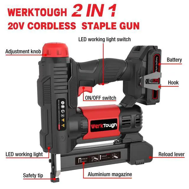 Alt view image 2 of 6 - 20v Cordless Staple Gun Brad Nailer 2 in 1 Aluminum Metal magzine 1 Hour Fast Charger 2000mA Lithium Battery 2000pcs Free Staples(90 4/51000+18GA 1x1000) in Tool Case