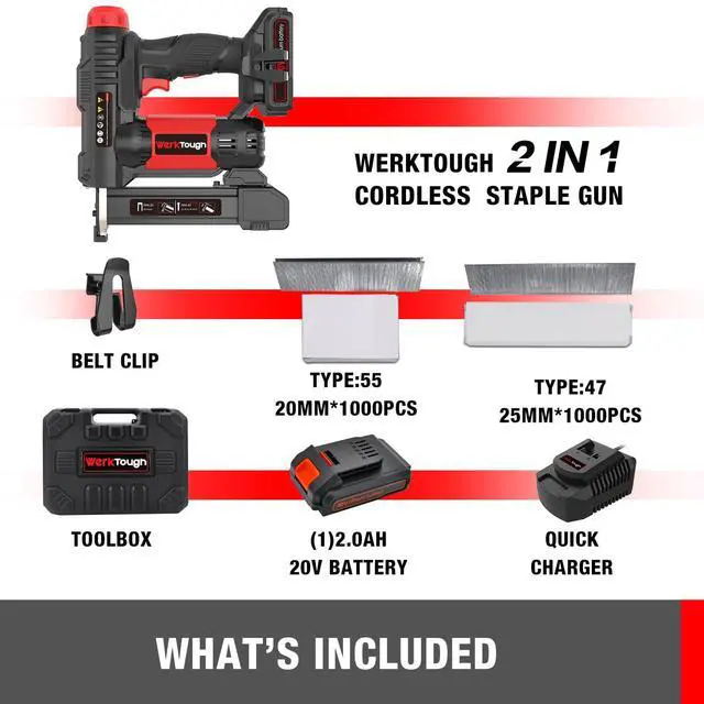 Alt view image 3 of 6 - 20v Cordless Staple Gun Brad Nailer 2 in 1 Aluminum Metal magzine 1 Hour Fast Charger 2000mA Lithium Battery 2000pcs Free Staples(90 4/51000+18GA 1x1000) in Tool Case