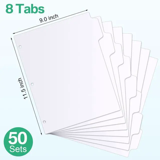 Alt view image 2 of 6 - 400 Pieces 50 Sets 3 Ring Binder Dividers with Tabs 11. 5 x 9 Inch 8 Tab Dividers for 3 Ring Binders Letter Size Page