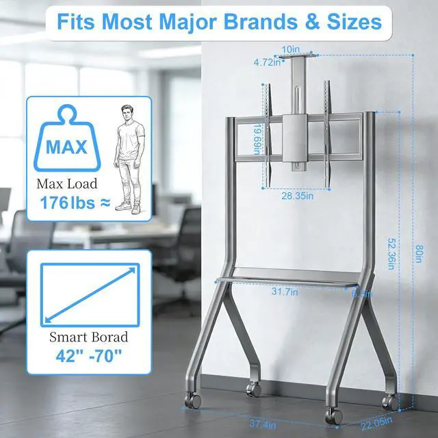 Alt view image 2 of 6 - Smart Board Stand for 42" 75" Interactive Smart Whiteboard, Height Adjustable Mobile Portable Stand with Four Lockable Wheels for Classroom Home Office Business Studio