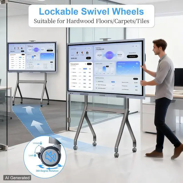 Alt view image 3 of 6 - Smart Board Stand for 42" 75" Interactive Smart Whiteboard, Height Adjustable Mobile Portable Stand with Four Lockable Wheels for Classroom Home Office Business Studio