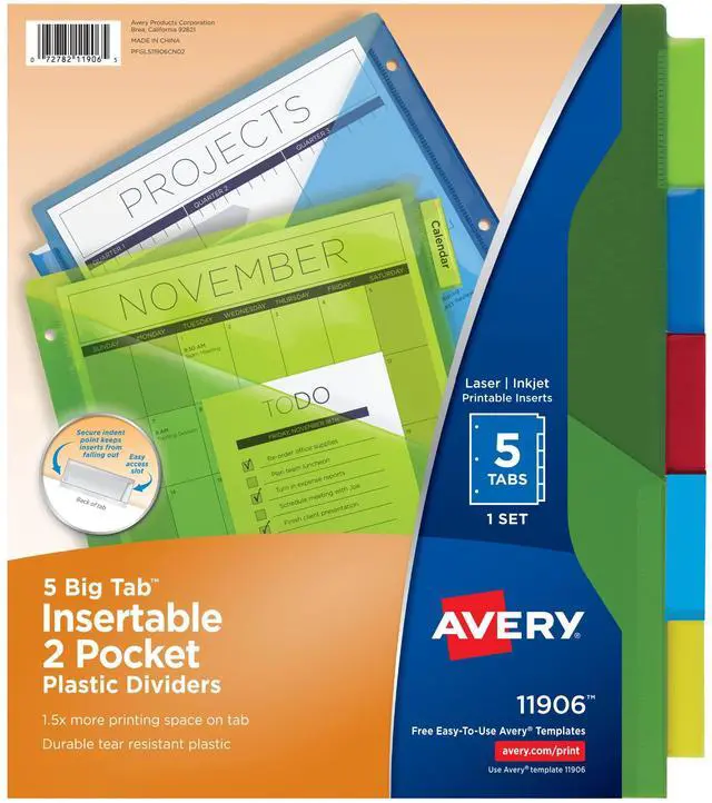 Main image of Dividers for 3 Ring Binders, 5-Tab Two-Pocket Plastic Binder Dividers, Multicolor (24 Sets of 11906)