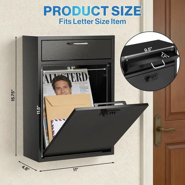 Alt view image 2 of 6 - Wall Mounted Lock Box with Combination - 1.2mm Heavy Duty Steel Extra Large Mailbox - Theft Proof Mailbox for Night Key, Deposit, Money, Cash, Paperwork (11'' x 4.75'' x 15.75'') | 1.2mm Heavy Duty St