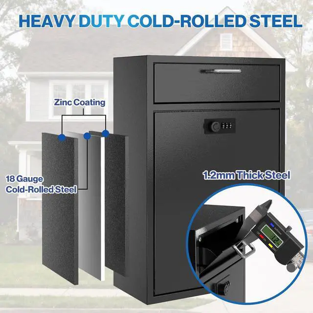 Alt view image 5 of 6 - Wall Mounted Lock Box with Combination - 1.2mm Heavy Duty Steel Extra Large Mailbox - Theft Proof Mailbox for Night Key, Deposit, Money, Cash, Paperwork (11'' x 4.75'' x 15.75'') | 1.2mm Heavy Duty St