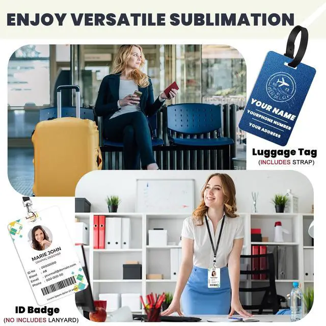 Alt view image 4 of 6 - 100 Pcs Sublimation id Badge Blanks Metal Luggage Tags Double Sided 1mm Aluminum Bag Tags with Strap Name id Card Keychains Blanks Bulk Sublimation Products Items Gifts 3.8"x2.4"