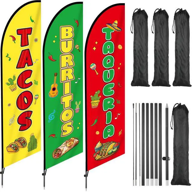 Main image of 3 Sets Tacos Burritos Feather Flag 11ft Mexican Food Swooper Flag Mexican Restaurants Advertising Banner Sign for Business with Carbon Fiber Pole and Ground Stake Portable Bag for Outside Store