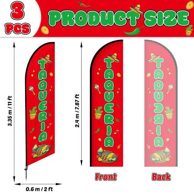 Alt view image 2 of 6 - 3 Sets Tacos Burritos Feather Flag 11ft Mexican Food Swooper Flag Mexican Restaurants Advertising Banner Sign for Business with Carbon Fiber Pole and Ground Stake Portable Bag for Outside Store