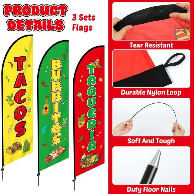 Alt view image 3 of 6 - 3 Sets Tacos Burritos Feather Flag 11ft Mexican Food Swooper Flag Mexican Restaurants Advertising Banner Sign for Business with Carbon Fiber Pole and Ground Stake Portable Bag for Outside Store