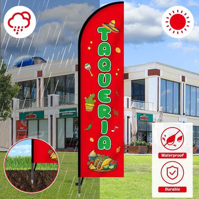 Alt view image 5 of 6 - 3 Sets Tacos Burritos Feather Flag 11ft Mexican Food Swooper Flag Mexican Restaurants Advertising Banner Sign for Business with Carbon Fiber Pole and Ground Stake Portable Bag for Outside Store