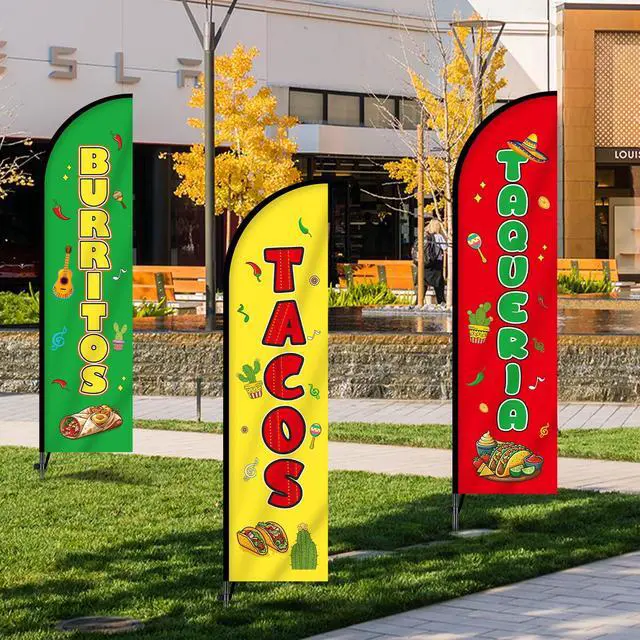 Alt view image 6 of 6 - 3 Sets Tacos Burritos Feather Flag 11ft Mexican Food Swooper Flag Mexican Restaurants Advertising Banner Sign for Business with Carbon Fiber Pole and Ground Stake Portable Bag for Outside Store