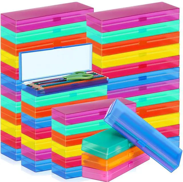Main image of 80 Pieces Back to School Plastic Pencil Boxes Pencil Case Bulk Frosted Clear Multi Colored Pens Holder Stackable Container with Lid & Snap for Stationery Office Classroom(Candy Color)