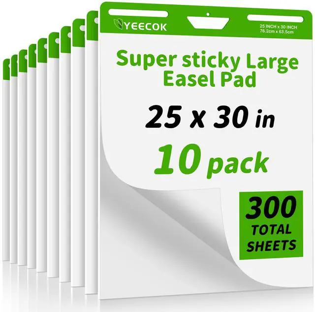 Main image of Super Sticky Easel Pad, 25 x 30 Inches, 30 Sheets/Pad, 10 Pads (300 Sheets), Thick 100gsm Flip Chart Paper, Self-Stick Anchor Chart for Teachers, Office Training & Hybrid Meetings