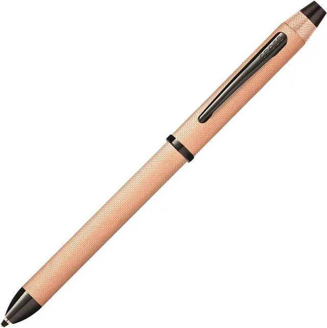 Main image of Tech3+ with Sophisticated Brushed Rose Gold Diamond Pattern Finish Barrel, 0.5mm Pencil, Black and Red Ink Refills, Interchangeable Cap Tops in Premium gift box
