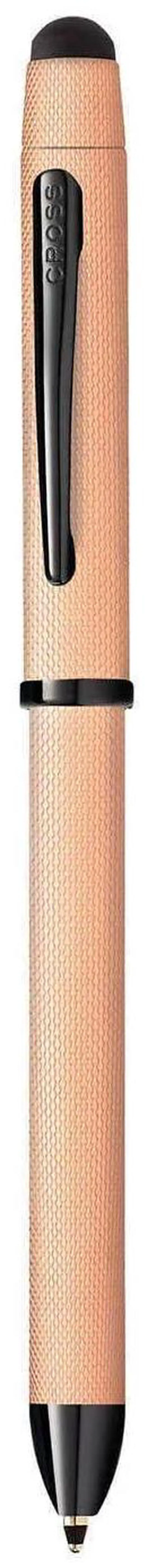 Alt view image 2 of 6 - Tech3+ with Sophisticated Brushed Rose Gold Diamond Pattern Finish Barrel, 0.5mm Pencil, Black and Red Ink Refills, Interchangeable Cap Tops in Premium gift box