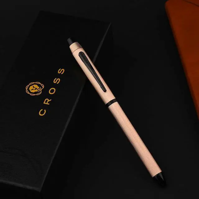 Alt view image 3 of 6 - Tech3+ with Sophisticated Brushed Rose Gold Diamond Pattern Finish Barrel, 0.5mm Pencil, Black and Red Ink Refills, Interchangeable Cap Tops in Premium gift box