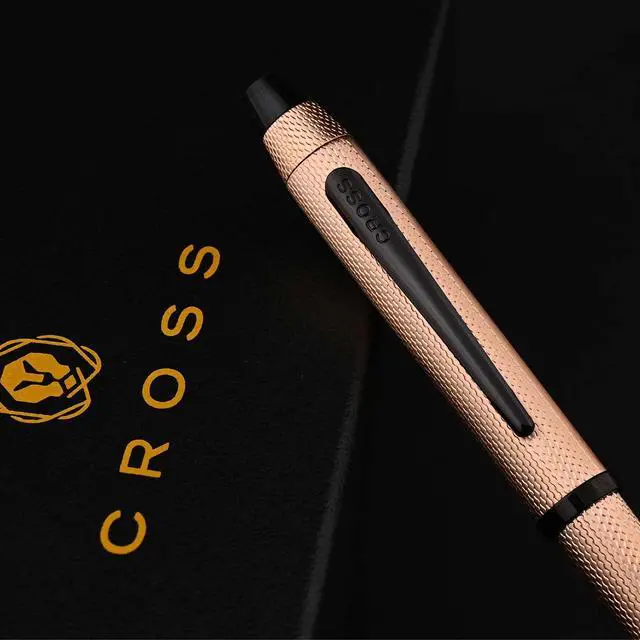 Alt view image 4 of 6 - Tech3+ with Sophisticated Brushed Rose Gold Diamond Pattern Finish Barrel, 0.5mm Pencil, Black and Red Ink Refills, Interchangeable Cap Tops in Premium gift box