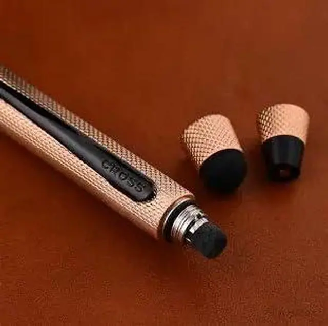 Alt view image 5 of 6 - Tech3+ with Sophisticated Brushed Rose Gold Diamond Pattern Finish Barrel, 0.5mm Pencil, Black and Red Ink Refills, Interchangeable Cap Tops in Premium gift box