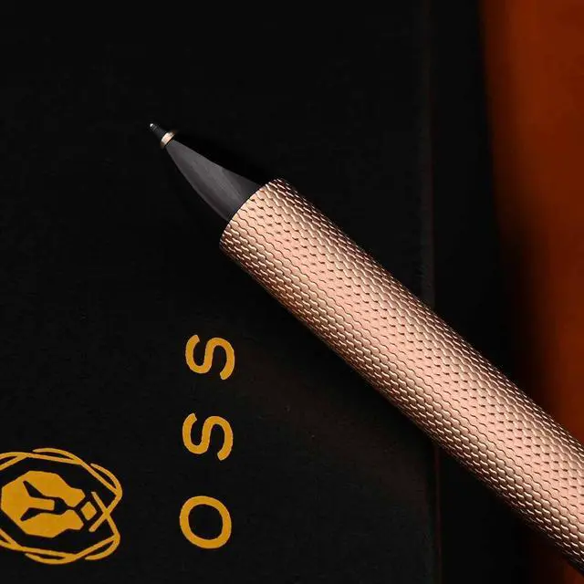 Alt view image 6 of 6 - Tech3+ with Sophisticated Brushed Rose Gold Diamond Pattern Finish Barrel, 0.5mm Pencil, Black and Red Ink Refills, Interchangeable Cap Tops in Premium gift box