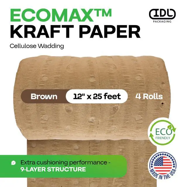 Alt view image 2 of 6 - 12" x 25' EcoMax Kraft Paper Cellulose Wadding (4 Rolls) - Cushioning Wrapping and Box Void Filling - Soft and Gentle Packing for Shipping, Moving, and Storing Fragile Items