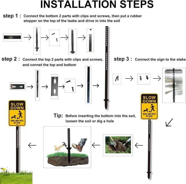 Alt view image 6 of 6 - 2 Pcs 6 Ft Traffic Road Street Sign Post Stakes Driveway Stand Heavy Duty Metal for Outdoor Lawn Yard Fence Parking Stop Outside Fits Signs 10 to 18 Inch Adjustable Black