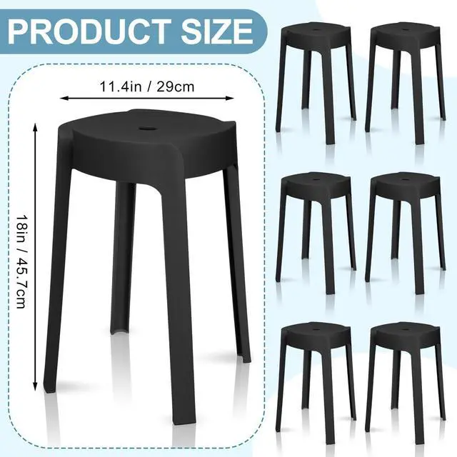 Alt view image 3 of 6 - 6 Pack Plastic Stackable Stools 18 Inch Portable Nesting Stack Stools Round Colorful Backless Bar Seating for Home Party Office (Black)