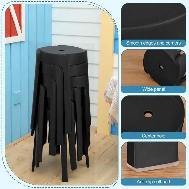 Alt view image 4 of 6 - 6 Pack Plastic Stackable Stools 18 Inch Portable Nesting Stack Stools Round Colorful Backless Bar Seating for Home Party Office (Black)