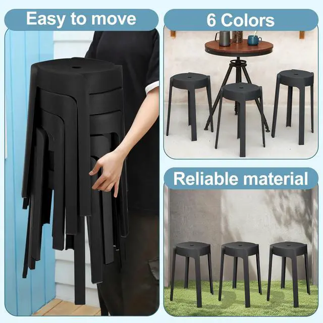Alt view image 5 of 6 - 6 Pack Plastic Stackable Stools 18 Inch Portable Nesting Stack Stools Round Colorful Backless Bar Seating for Home Party Office (Black)