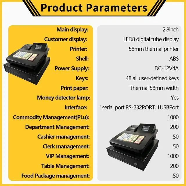 Alt view image 3 of 6 - Electronic Cash Register for Small Business, POS System with Receipt Printer for Retail and Restaurant, Simple Cashier Register with Manual Override, Cajas Registradoras para Negocios