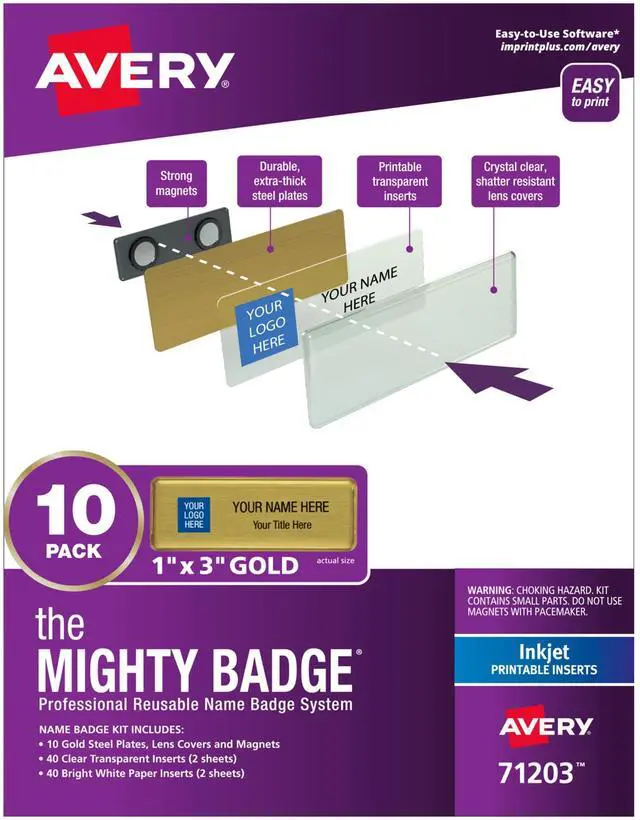 Main image of Reusable Magnetic Professional Name Badge System, 1" x 3" Gold Name Tags, 10 Identification Badges, 80 Inkjet Printable Inserts, Design Software Included (71203)