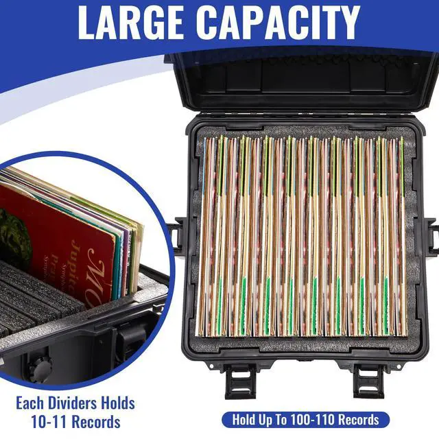 Alt view image 3 of 6 - Stackable Vinyl Record Storage Case Box Holds 110 Records | High-Density Protective Foam | Hard Shell Storage Crate with Lid & Handles | Valuable LP Albums Organizer Cases Collection 7/10/12 Inch