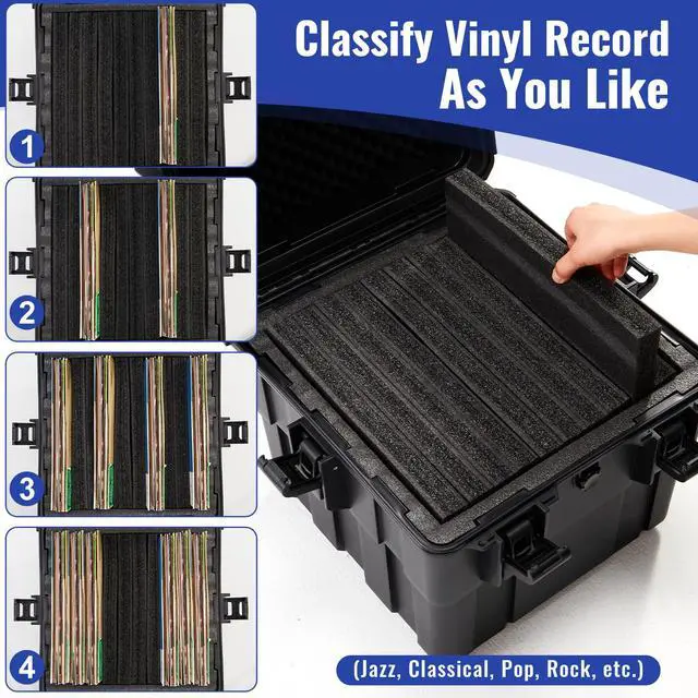 Alt view image 4 of 6 - Stackable Vinyl Record Storage Case Box Holds 110 Records | High-Density Protective Foam | Hard Shell Storage Crate with Lid & Handles | Valuable LP Albums Organizer Cases Collection 7/10/12 Inch