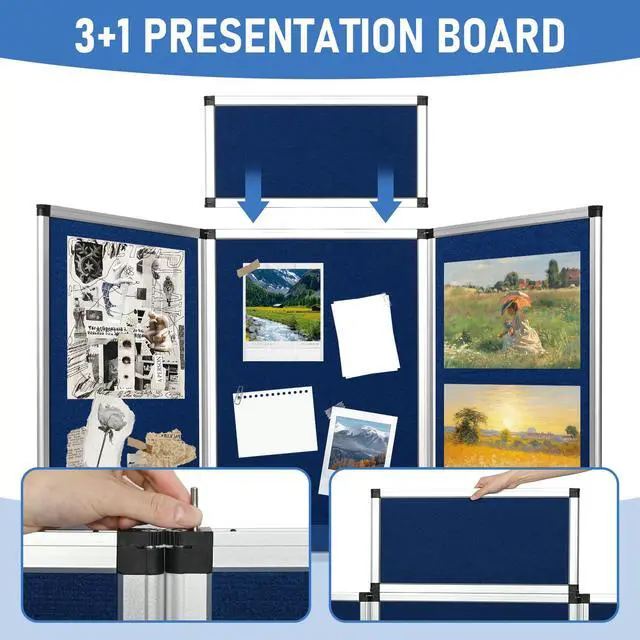 Alt view image 4 of 6 - Trade Show Presentation Board, Aluminum Trifold Poster Board 70.8 x 35.4 Inch Display Board with Storage Bag, 3+1 Table Top Folding Panel - Blue