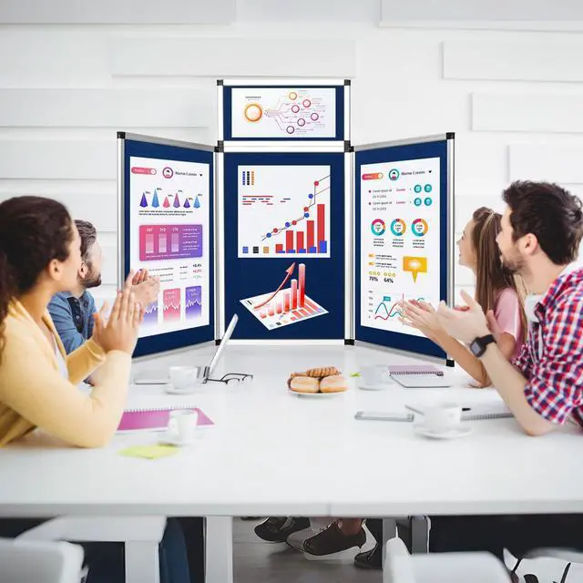 Alt view image 5 of 6 - Trade Show Presentation Board, Aluminum Trifold Poster Board 70.8 x 35.4 Inch Display Board with Storage Bag, 3+1 Table Top Folding Panel - Blue